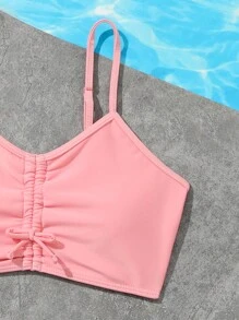 Tween Girl Tropical Print Drawstring Bikini Set Summer Beach - Pink - View 4