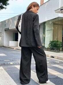 SHEIN X Antonella SHEIN EZwear 條紋印花西裝領西裝外套和闊腿褲不附抹胸 - 黑色 - 查看 2