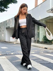 SHEIN X Antonella SHEIN EZwear 條紋印花西裝領西裝外套和闊腿褲不附抹胸 - 黑色 - 查看 3