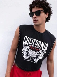 FeverCity 男士棉質字母圖形無袖出門性感背心，男友禮物 - 黑色 - 查看 7