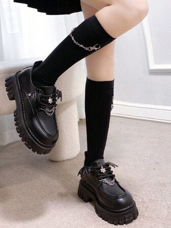 Women Lace Up Bat & Chain Decor Platform Oxford Shoes, Fashionable Outdoor Wedge Shoes,Loafers For Women