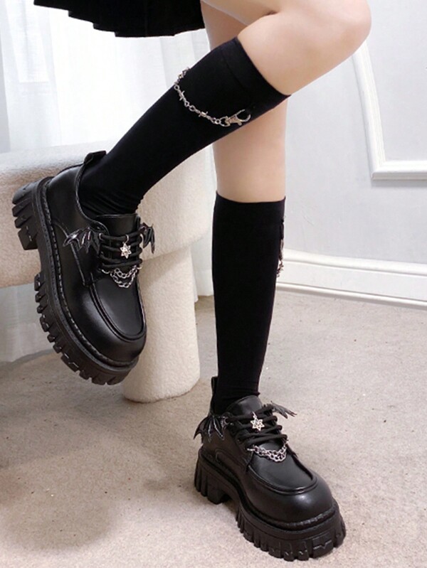 Women Lace Up Bat & Chain Decor Platform Oxford Shoes, Fashionable Outdoor Wedge Shoes