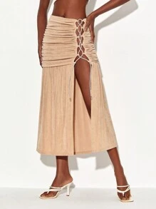 WENDY Falda con cordón delantero fruncido de muslo con abertura - Albaricoque - Ver 1