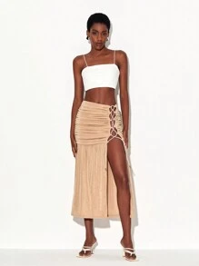 WENDY Falda con cordón delantero fruncido de muslo con abertura - Albaricoque - Ver 4