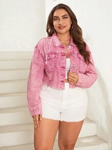 SHEIN Essnce Plus Flap Pocket Drop Shoulder Denim Jacket - Pink - View 4