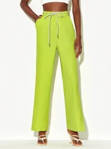 WENDY 1入組螢光綠自綁腰帶下擺開叉西裝褲 - 青檸色 - 查看 3