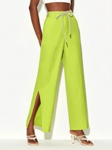 WENDY 1入組螢光綠自綁腰帶下擺開叉西裝褲 - 青檸色 - 查看 5