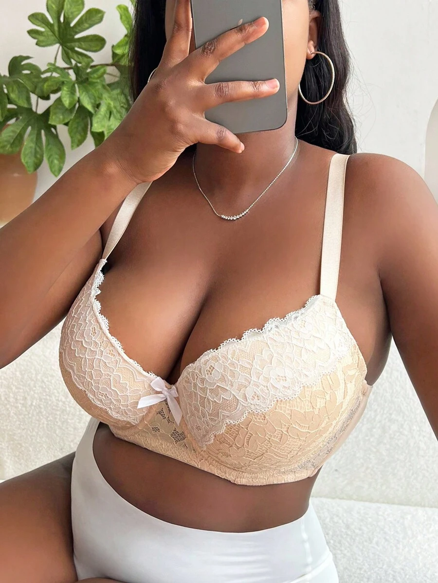 Plus Lace Overlay Bow Front Underwire Bra - Multicolor - View 1