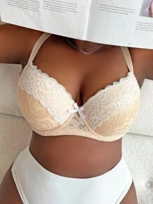 Plus Lace Overlay Bow Front Underwire Bra - Multicolor - View 4