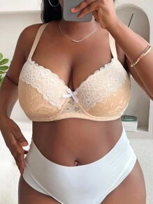 Plus Lace Overlay Bow Front Underwire Bra - Multicolor - View 5