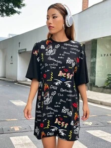 SHEIN Coolane 字母和卡通圖案落肩T恤洋裝 - 黑色 - 查看 3