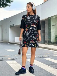 SHEIN Coolane 字母和卡通圖案落肩T恤洋裝 - 黑色 - 查看 4