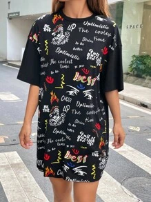 SHEIN Coolane 字母和卡通圖案落肩T恤洋裝 - 黑色 - 查看 5