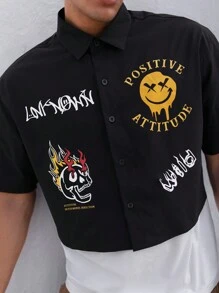 FeverCity 寬鬆版型男士卡通字母印花襯衫，鈕扣塗鴉襯衫，適用於外出穿著/男友禮物 - 黑色 - 查看 4