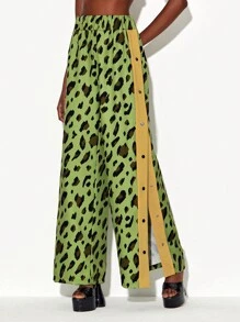 TF TRAN 豹紋印花側邊紐扣闊腿褲 - 彩色 - 查看 1