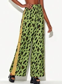 TF TRAN 豹紋印花側邊紐扣闊腿褲 - 彩色 - 查看 4
