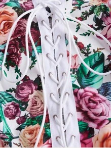 SHEIN Unity 大碼印花前繫帶泡泡袖洋裝 - 彩色 - 查看 3