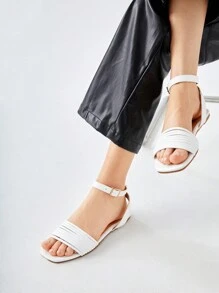 SheIn BIZ Xăng đan có dây đeo đến mắt cá chân tối giản dành cho nữ, Xăng đan đế bằng mùa hè thanh lịch - trắng - Xem 4