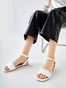 SheIn BIZ Xăng đan có dây đeo đến mắt cá chân tối giản dành cho nữ, Xăng đan đế bằng mùa hè thanh lịch - trắng - Xem 3