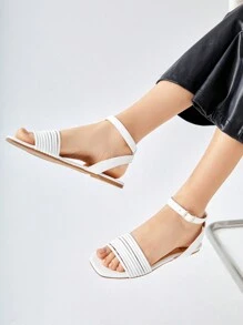 SheIn BIZ Xăng đan có dây đeo đến mắt cá chân tối giản dành cho nữ, Xăng đan đế bằng mùa hè thanh lịch - trắng - Xem 1