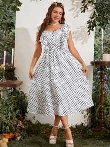 SHEIN MOD 大碼波點圖案荷葉邊連衣裙 - 黑與白 - 查看 1