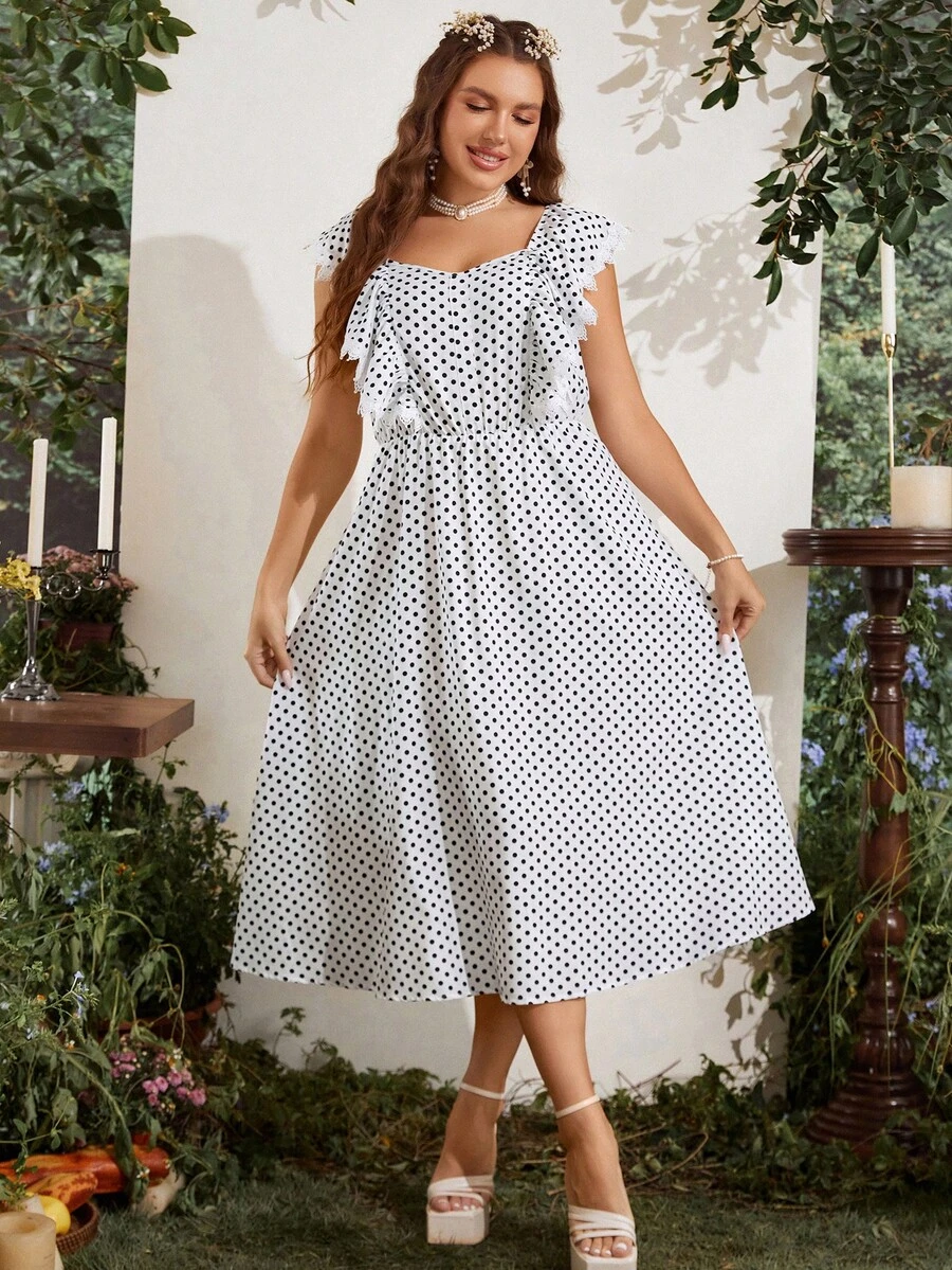 SHEIN MOD 大碼波點圖案荷葉邊連衣裙 - 黑與白 - 查看 1