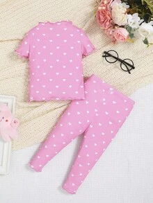 SHEIN Leap Crew Conjunto De Pijama Con Estampado De Corazón Para Niña, Cómodo, Bonito Y Dulce, Adecuado Para El Verano - Rosa - Ver 2