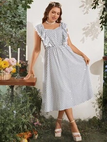 SHEIN MOD 大碼波點圖案荷葉邊連衣裙 - 黑與白 - 查看 5