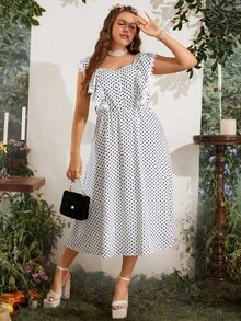 SHEIN MOD 大碼波點圖案荷葉邊連衣裙 - 黑與白 - 查看 6