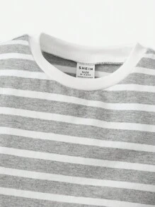 SHEIN Áo thun tay ngắn cổ tròn in họa tiết sọc cho bé trai, đơn giản và tối giản, phù hợp cho mùa hè - Màu Xám nhạt - Xem 3