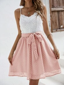 SHEIN Frenchy Đầm Thắt lưng Tương phản ren Khối Màu Boho - Hồng - Xem 3