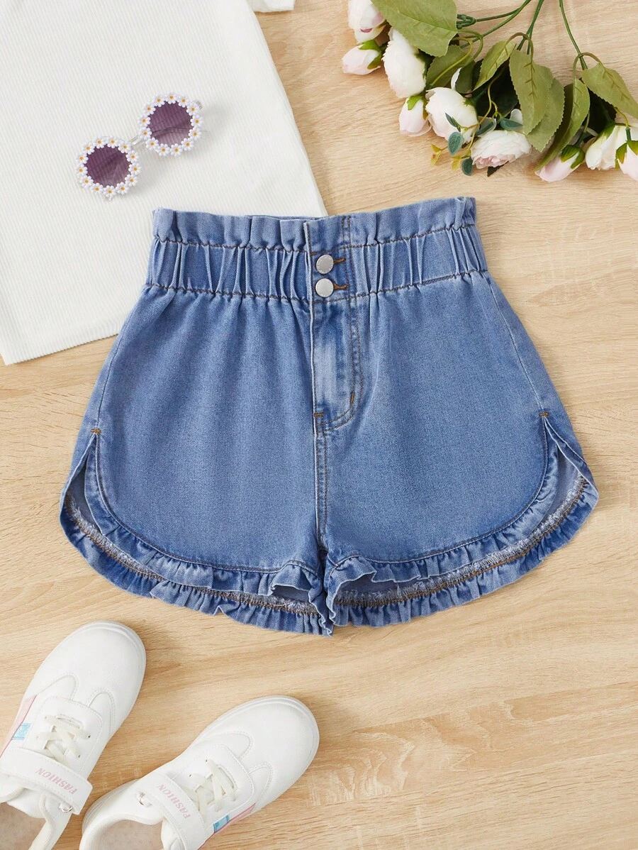 SHEIN Bé Gái Quần Shorts Denim Nút Quần paper-bag màu trơn - Rửa nhẹ - Xem 1