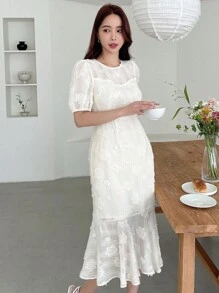 DAZY 泡泡袖荷葉邊連衣裙 - 米色 - 查看 7