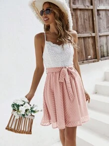 SHEIN Frenchy Đầm Thắt lưng Tương phản ren Khối Màu Boho - Hồng - Xem 4