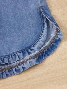 SHEIN Bé Gái Quần Shorts Denim Nút Quần paper-bag màu trơn - Rửa nhẹ - Xem 2