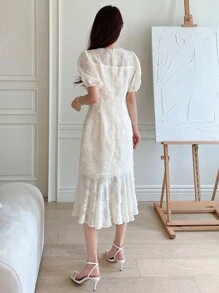 DAZY 泡泡袖荷葉邊連衣裙 - 米色 - 查看 2