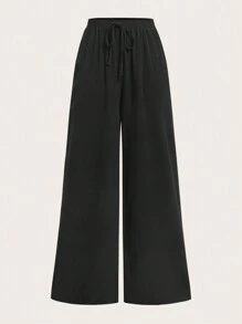 SHEIN EZwear 腰部抽繩闊腿褲 - 黑色 - 查看 1