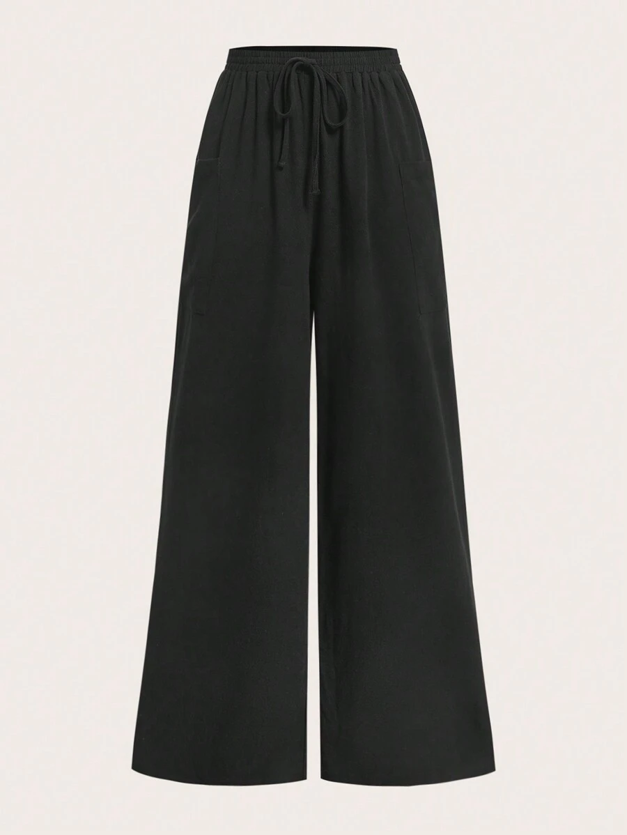 SHEIN EZwear 腰部抽繩闊腿褲 - 黑色 - 查看 1
