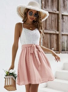 SHEIN Frenchy Đầm Thắt lưng Tương phản ren Khối Màu Boho - Hồng - Xem 5