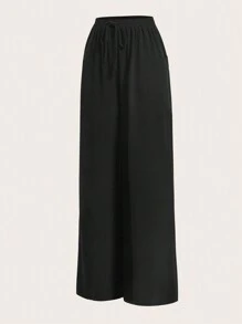 SHEIN EZwear 腰部抽繩闊腿褲 - 黑色 - 查看 3