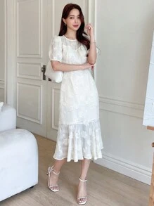 DAZY 泡泡袖荷葉邊連衣裙 - 米色 - 查看 3