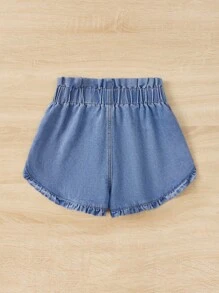 SHEIN Bé Gái Quần Shorts Denim Nút Quần paper-bag màu trơn - Rửa nhẹ - Xem 4