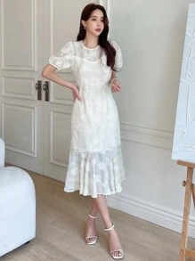 DAZY 泡泡袖荷葉邊連衣裙 - 米色 - 查看 6