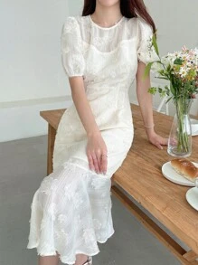 DAZY 泡泡袖荷葉邊連衣裙 - 米色 - 查看 1