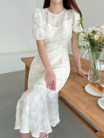 DAZY 泡泡袖荷葉邊連衣裙