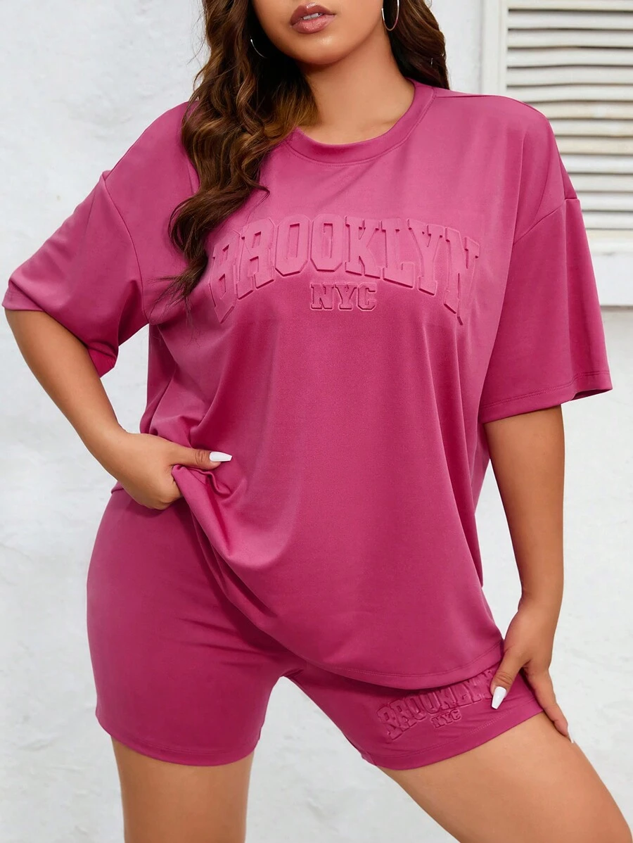 SHEIN EZwear Bộ thời trang Plus Size Lá thư Giải trí - Màu đỏ tím - Xem 1