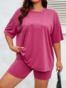 SHEIN EZwear Bộ thời trang Plus Size Lá thư Giải trí - Màu đỏ tím - Xem 4