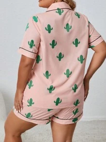 Plus Cactus Print Contrast Piping PJ Set / Pajama Set - Coral Orange - View 2