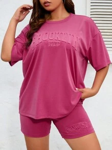 SHEIN EZwear Bộ thời trang Plus Size Lá thư Giải trí - Màu đỏ tím - Xem 5