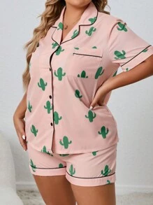 Plus Cactus Print Contrast Piping PJ Set / Pajama Set - Coral Orange - View 3